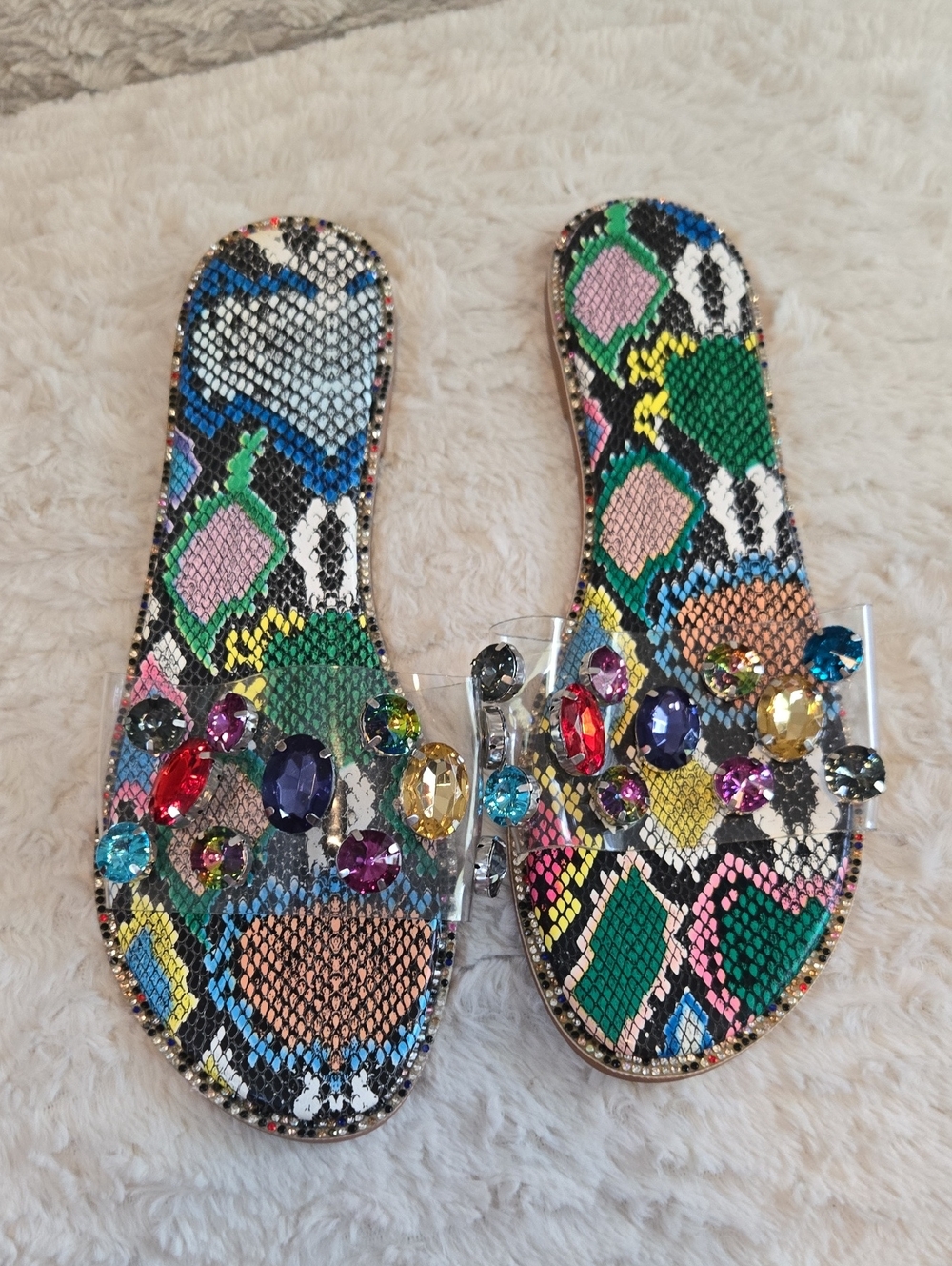 Multicolor Jewel-Embellished Snake Print Slide Sandals
